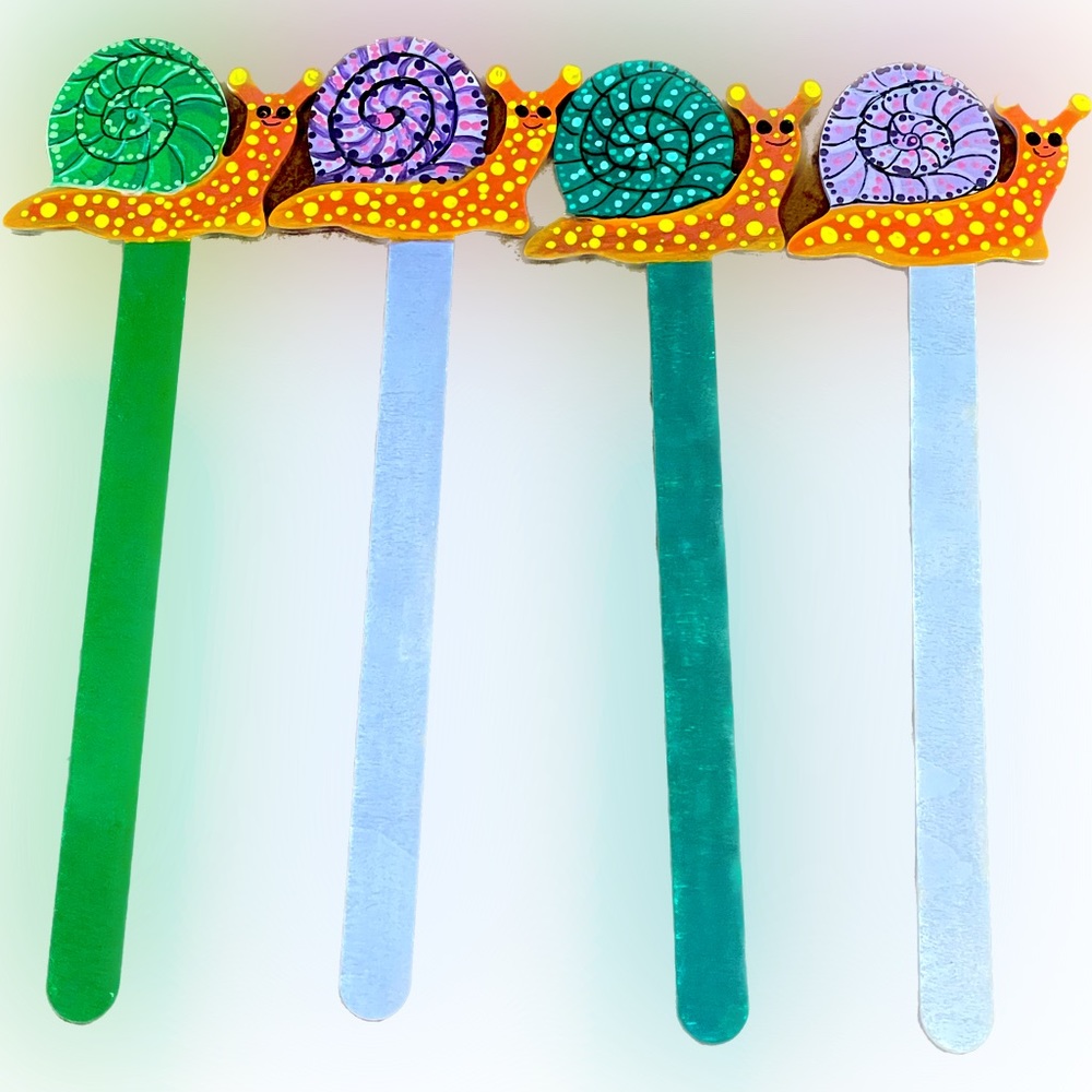 Handcrafted painted plant stakes picks Snails painted set of 4 wood green